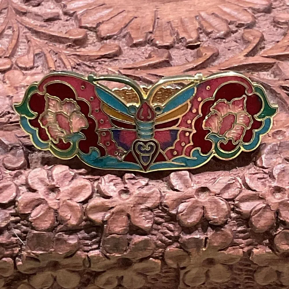 Vintage Cloisonné Butterfly Hair Barrette Gold Tone Colorful Enamel Safety Clasp